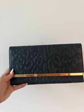 Jimmy Choo Black Embossed Leather Clutch with Gold Trim
